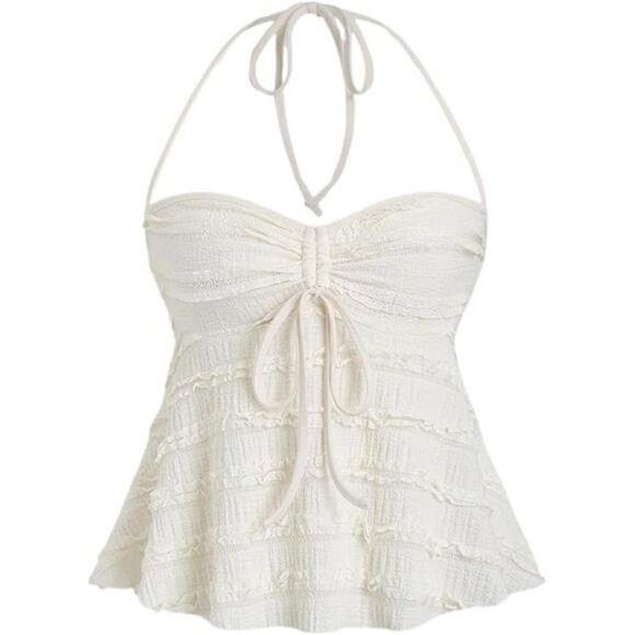 Womens Y2K Peplum Halter Crop Top Ruched Tie Front Spaghetti Strap Cami - Picture 6 of 6